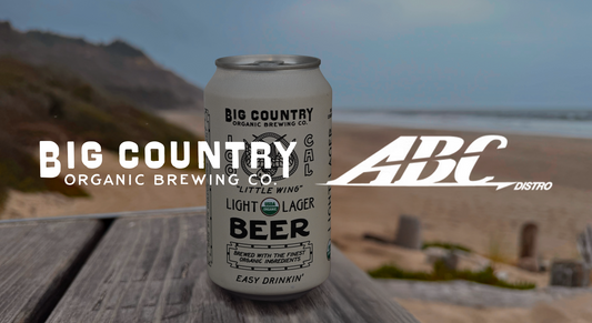 Big Country x ABC Distro Logos on image of Little Wing on beach